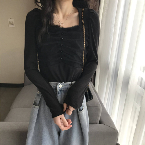 Real price real shot mesh stitching square collar bottomed top Korean design with long sleeve T-shirt