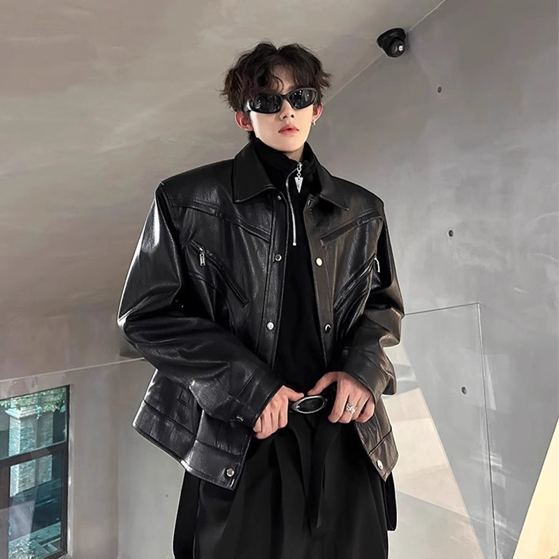 cleanfit垫肩短款皮衣外套男