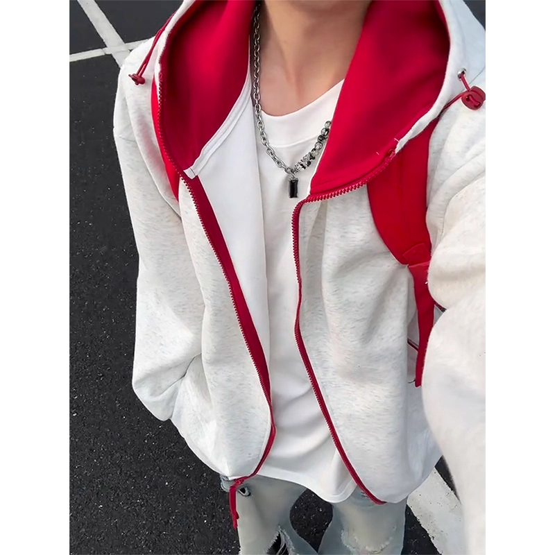 白花灰撞色连帽卫衣男款秋季美式复古重磅开衫慵懒风高级感短外套