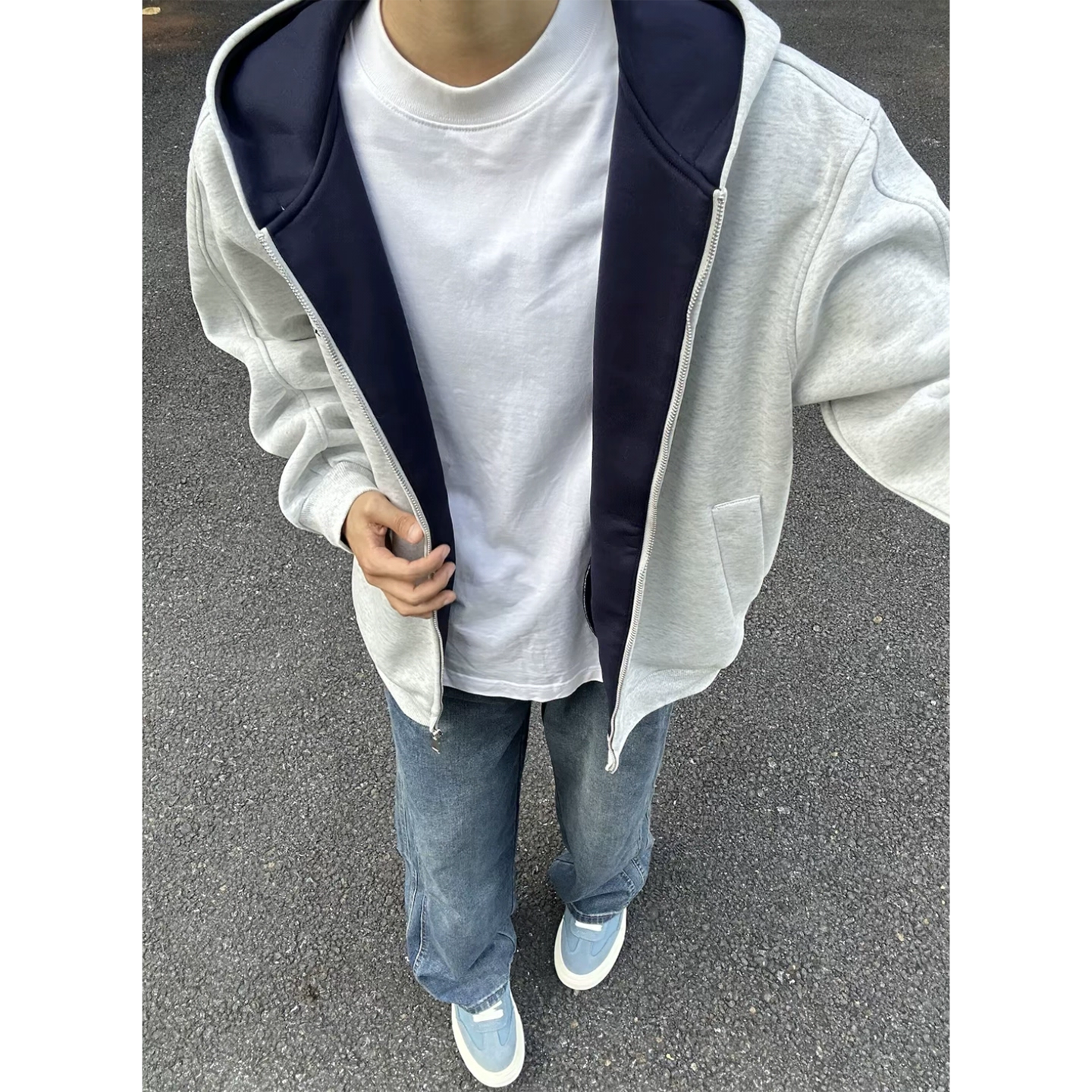 白花灰硬挺卫衣双拉链开衫男款秋季美式复古重磅撞色连帽外套上衣