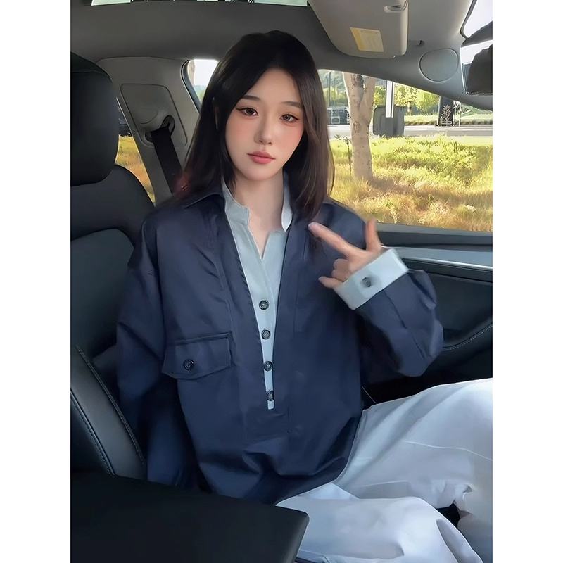 美式复古老钱风假两件V领长袖衬衫男女秋款撞色拼接宽松休闲上衣