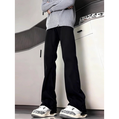 加绒cleanfit黑色牛仔裤男款秋冬季加厚保暖直筒长裤微喇弯刀裤子