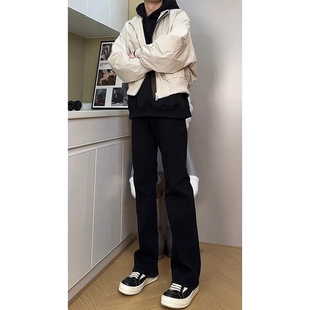 美式复古黑色圆月柳叶弯刀牛仔裤男款cleanfit修身显瘦直筒微喇裤