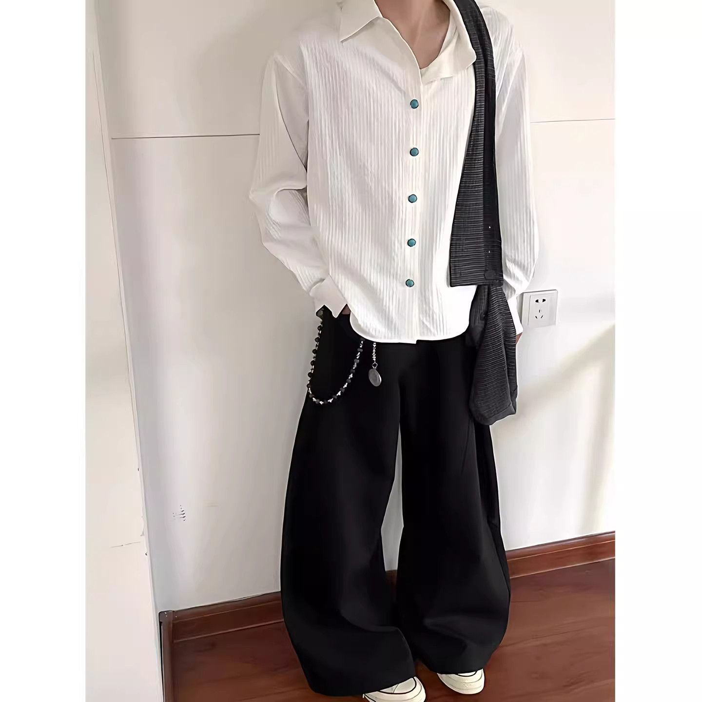 海洋之泪老钱绿松石褶皱长袖衬衫男女cleanfit痞帅肌理感宽松外套图片