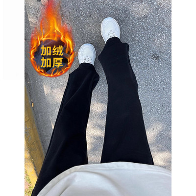 黑色牛仔裤男款微喇冬季加绒加厚裤子美式高街vibe修身情侣直筒裤