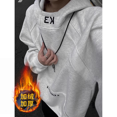 加绒加厚美式刺绣连帽卫衣男