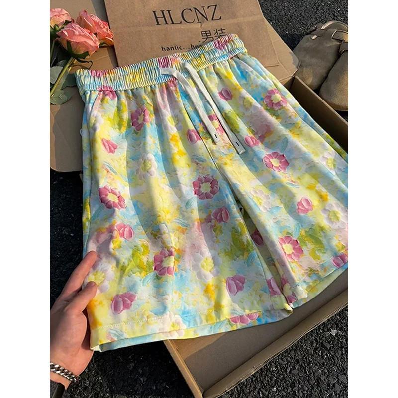 油画风花朵休闲短裤男情侣青少年潮牌夏季冰丝速干五分裤沙滩裤衩