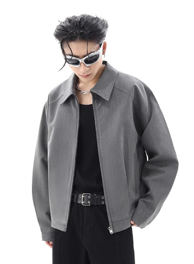 灰色美式复古垫肩行政夹克男士秋季潮牌痞帅cleanfit翻领短款外套