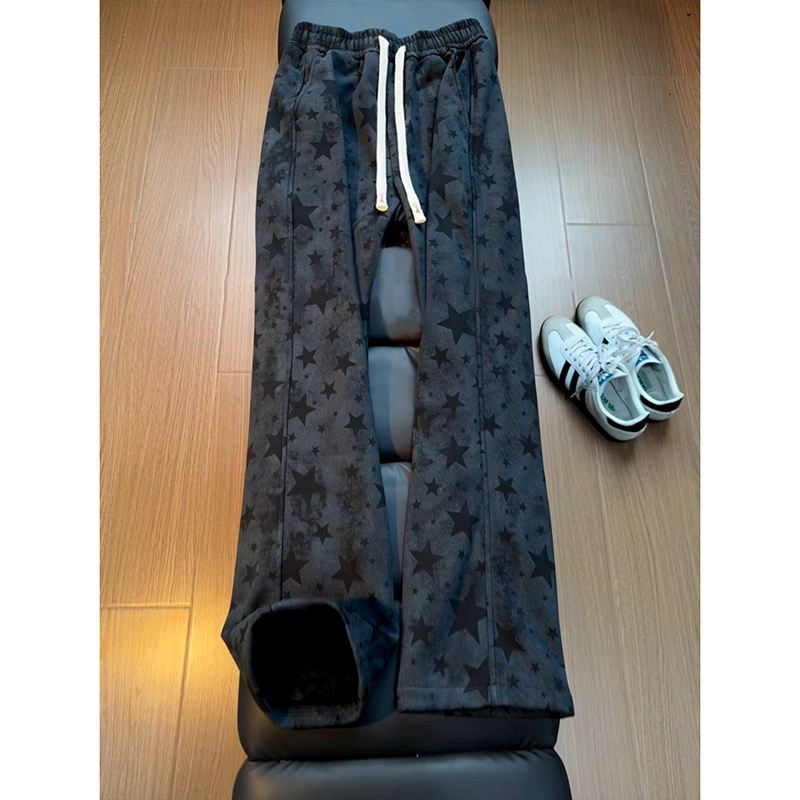 黑色扎染星星弯刀卫裤男女款秋季美式复古直筒运动裤子微喇休闲裤