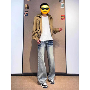 蓝色闪电裂纹斜切牛仔裤男女款情侣弯刀微喇裤子高街美式直筒长裤