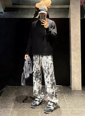美式扎染黑色灯芯绒裤子男秋冬青少年运动健身卫裤高腰直筒休闲裤