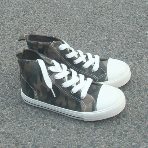 包邮6.1瑕疵男女童高帮系带绿迷彩平底休闲帆布童鞋