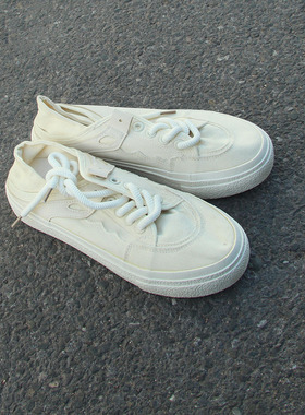 满2双包邮11.30瑕疵男士低帮系带厚底后跟可踩休闲帆布女鞋