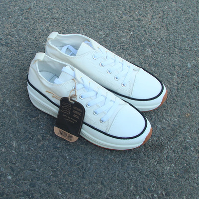 包邮11.9瑕疵女士低帮系带厚底PU头增高休闲帆布女鞋