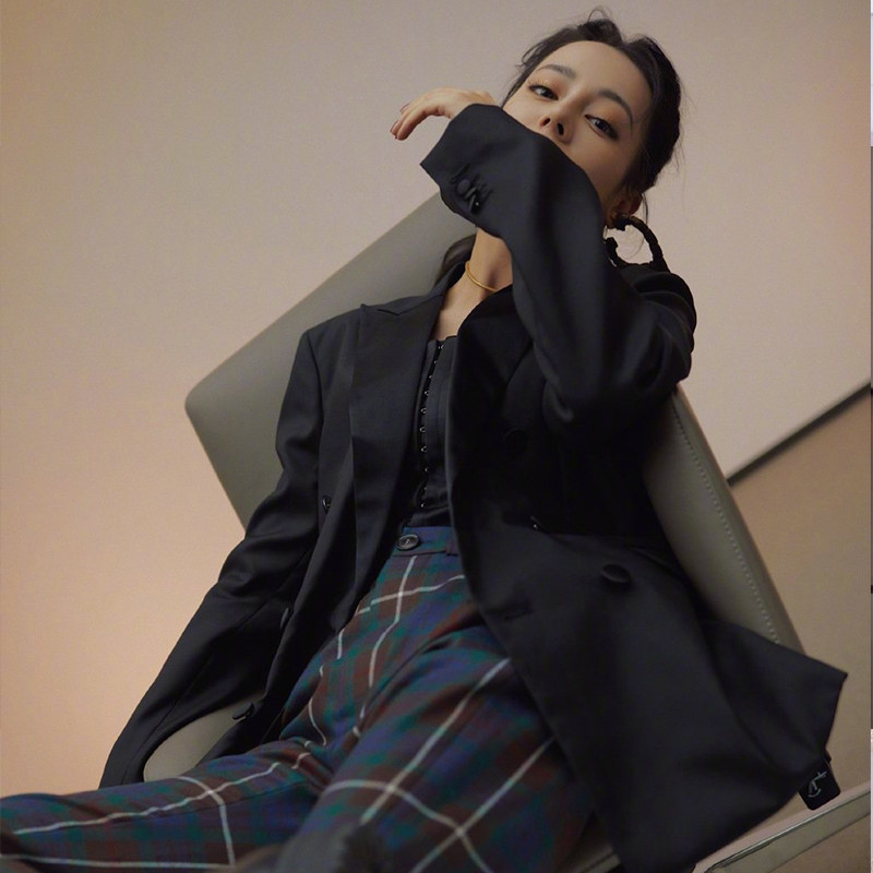 香港代购明星迪丽热巴同款黑色西装女外套上衣英伦风直筒裤OL套装