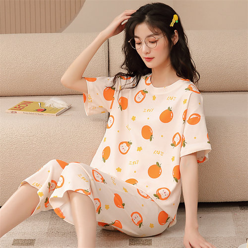 夏季睡衣女纯棉短袖七分裤夏天女士大码套装薄款全棉家居服两件套 - 封面