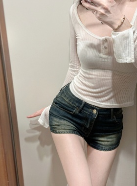 【Dear zhazha】性感蜜桃臀~辣妹修身低腰包臀热裤蓝色牛仔超短裤