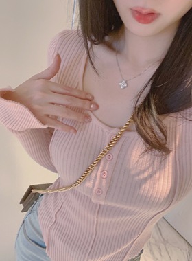 【Dear zhazha】恋爱氛围~纯欲修身大U领浅粉薄针织打底衫短上衣