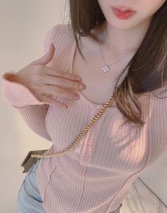 Dear 大U领浅粉薄针织打底衫 zhazha 纯欲修身 短上衣 恋爱氛围