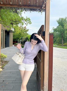 【Dear zhazha】半熟优雅~浅紫色修身V领纽扣薄款长袖针织打底衫