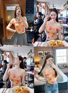 【Dear zhazha】美式甜心~纯欲黄色碎花修身一字肩网纱T恤短上衣