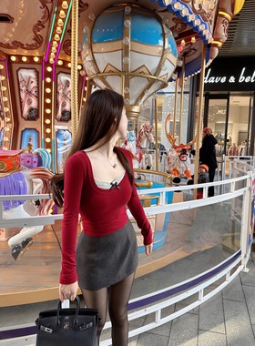 【Dear zhazha】游乐园穿搭~酒红大U领修身叠穿两件套打底短上衣