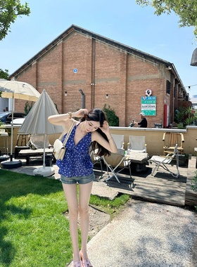 【Dear zhazha】露思氛围~蓝色碎花V领露背系带短款蓬蓬挂脖吊带