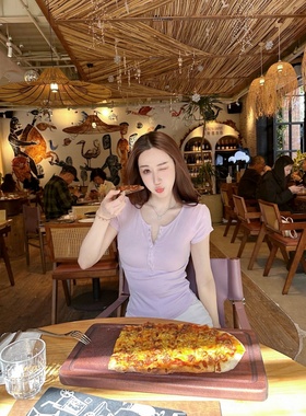 【Dear zhazha】土耳其午后~纯欲修身半开领V领纽扣紫色短袖T恤