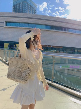 【Dear zhazha】初秋温柔~奶油黄色V领花边微透防晒冰麻针织开衫