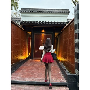 Christmas zhazha Eve酒红色高腰封针织A字蓬蓬百褶短裙 Dear