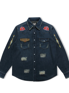 春夏复古长袖宽松阿美咔叽男青年纯棉水洗牛仔刺绣衬衫男外套