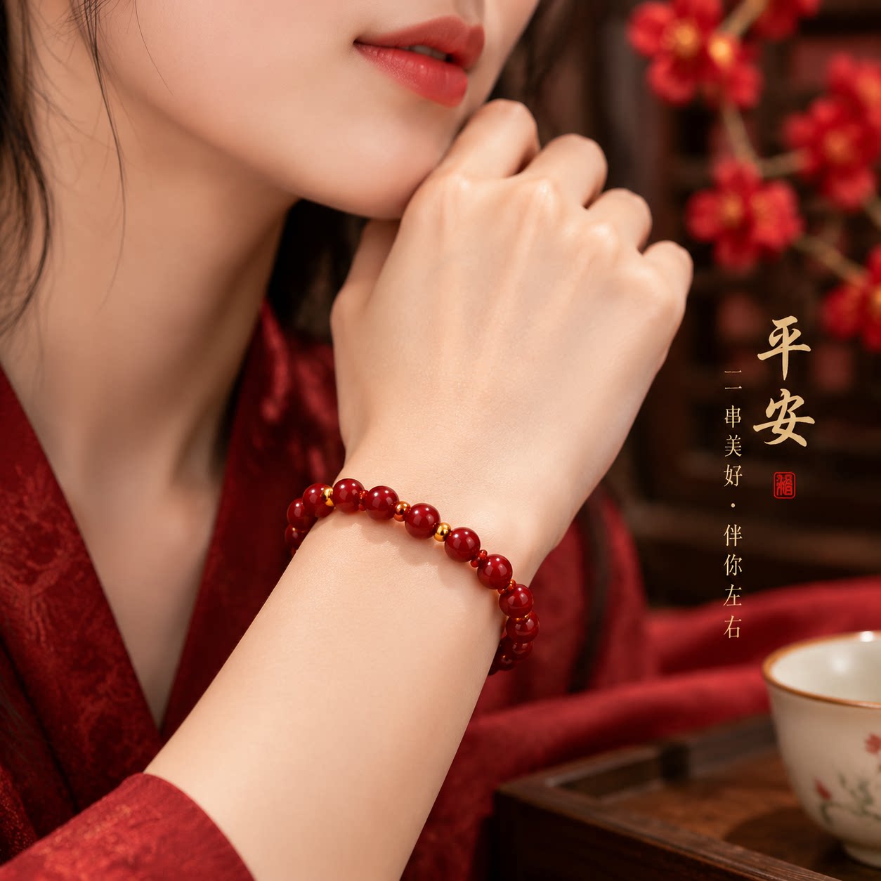 金鸿恋朱砂手串女款古法转运珠手链小金钱珠本命年工艺串珠隔珠H图片