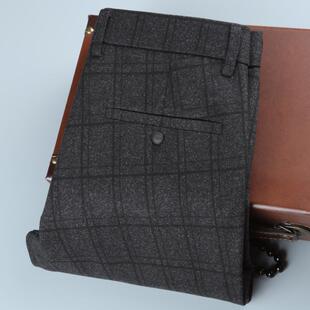 时尚 长裤 格子休闲裤 直筒弹力厚毛呢男裤 男磨毛商务修身 晴旭秋冬季