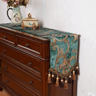 美式桌旗复古轻奢高端茶几布艺餐桌长条布电视柜盖巾绿色欧式桌布