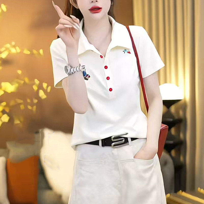 2026夏季新款韩版POLO领彩色纽扣正肩短袖T恤女修身显瘦上衣薄款
