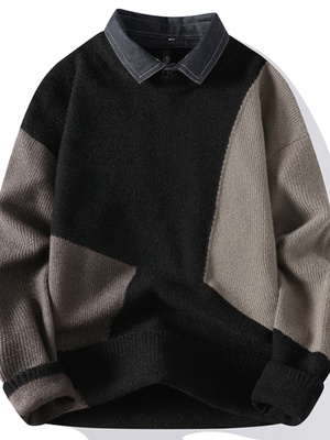 潮牌男士衬衫领毛衣2025年秋冬季青年加绒加厚假两件打底针织衫潮