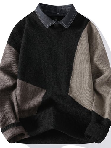 潮牌男士衬衫领毛衣2025年秋冬季青年加绒加厚假两件打底针织衫潮