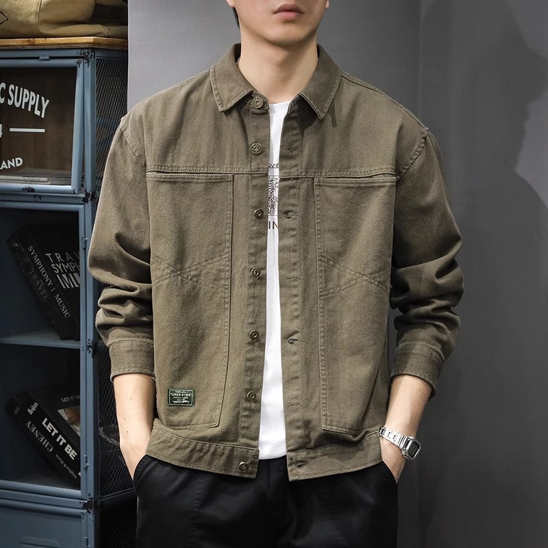 潮牌2025春秋新款拼接长袖衬衫男美式复古休闲夹克外套宽松衬衣潮