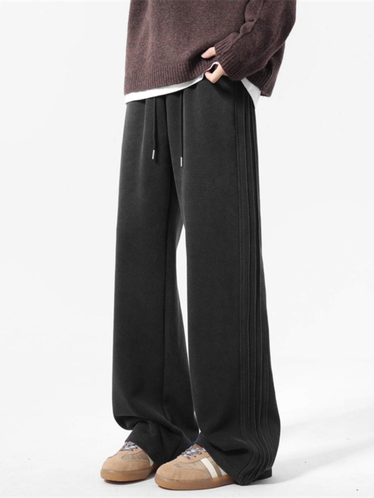 潮牌加绒水洗卫裤男士秋冬季美式直筒运动裤子宽松垂感加厚休闲裤