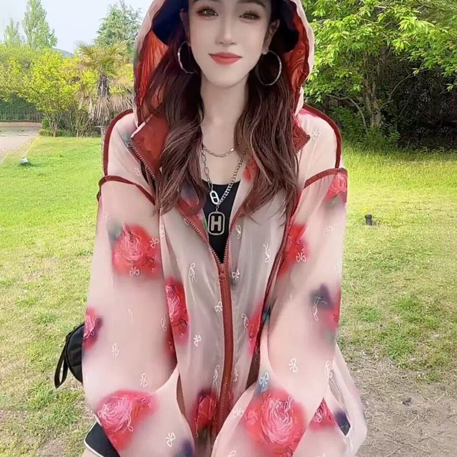 2026夏季新款时尚透气冰丝碎花连帽防晒衣女休闲宽松防晒服薄外套
