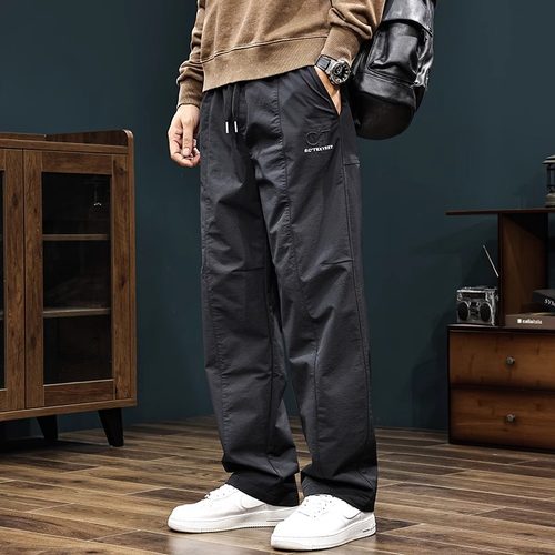 潮牌2025新款春秋男士休闲裤户外速干冲锋裤黑色直筒长裤弹力裤子