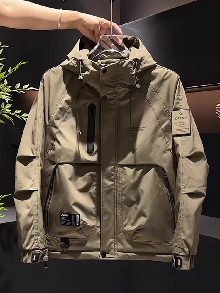 潮牌工装连帽二棉外套男士2025冬季新款加棉加厚防风棉服冲锋衣男