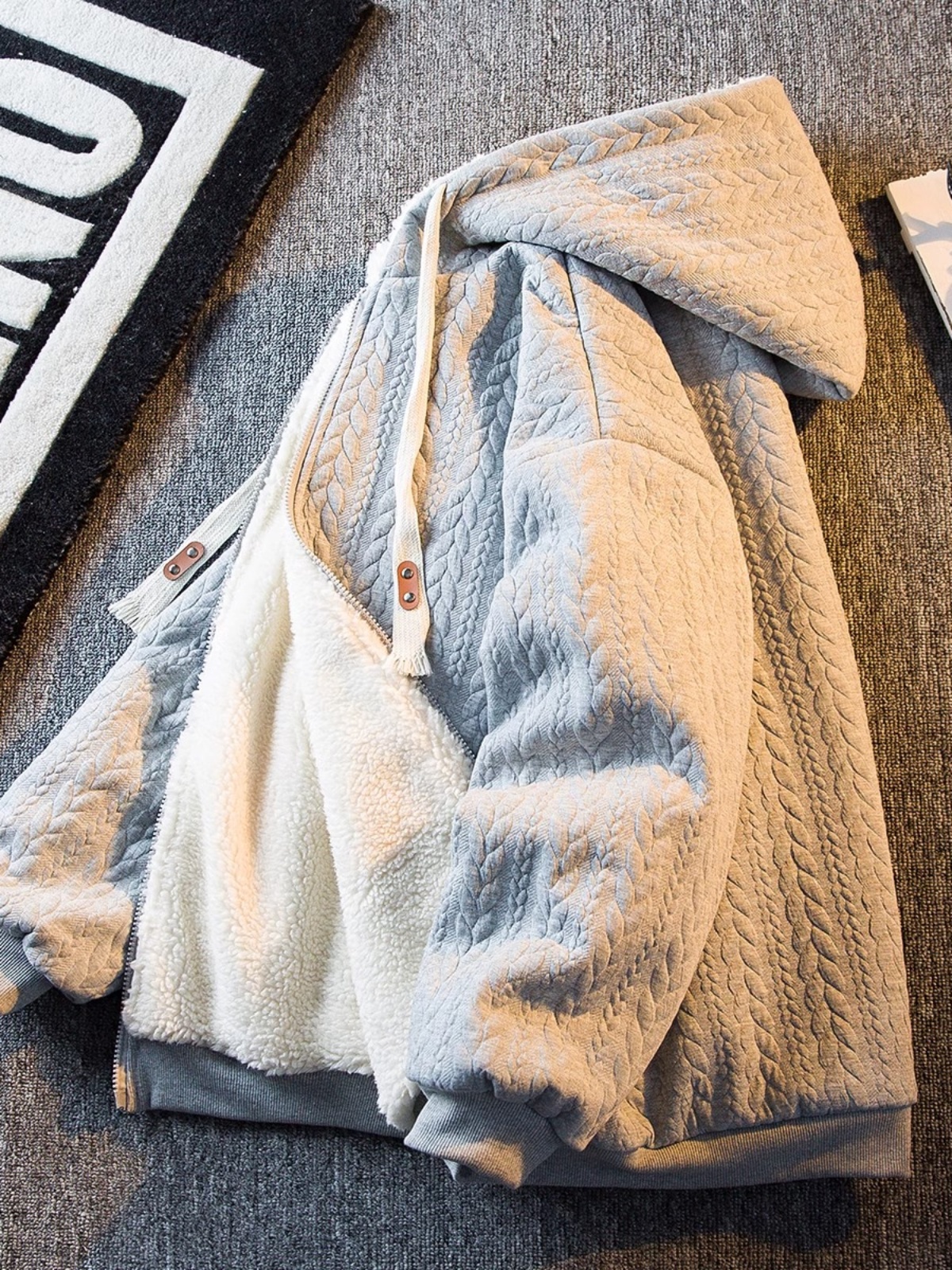 潮牌日系麻花羊羔绒连帽棉服男士冬季加绒加厚棉衣保暖羊羔绒外套