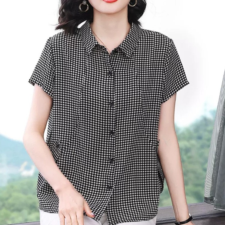 中年妈妈2026夏季新款大码黑白格纹短袖衬衫女休闲宽松显瘦薄上衣