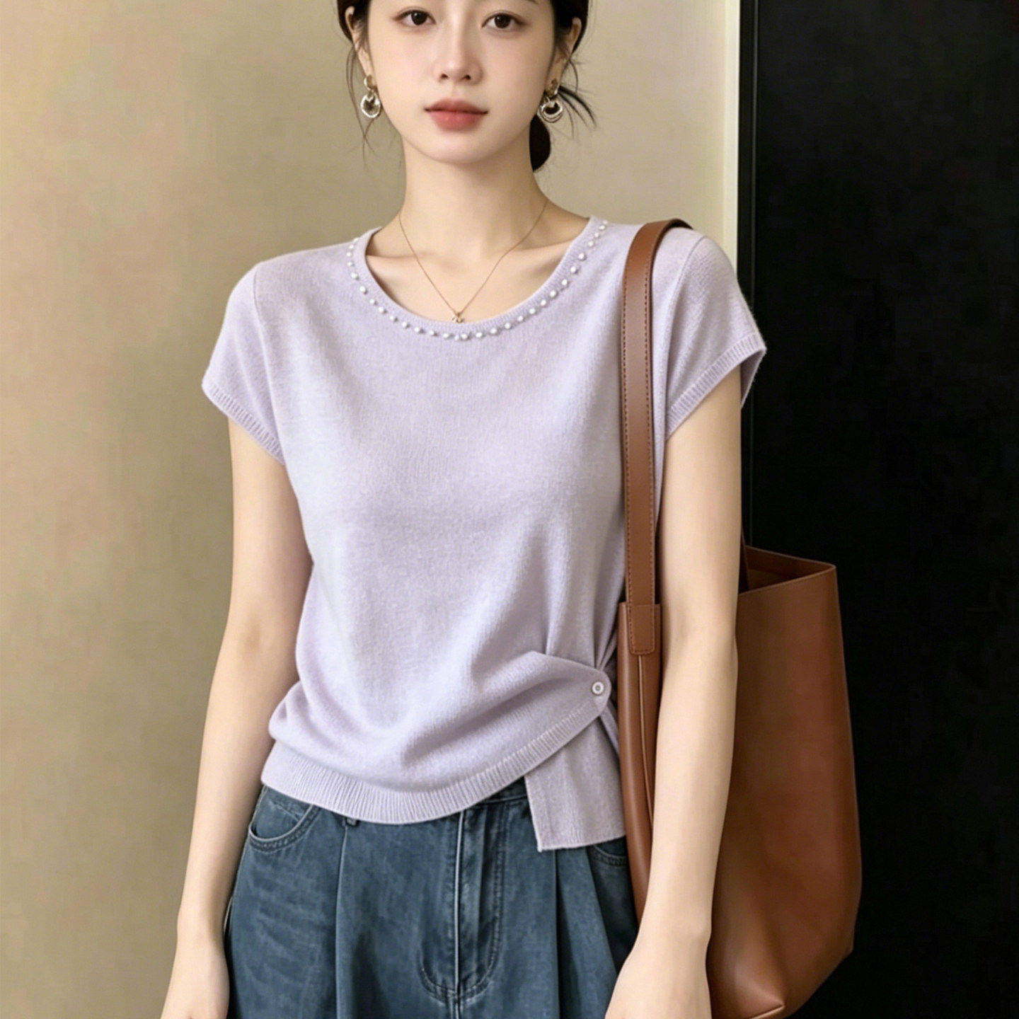 2026夏季新款设计感不规则冰丝针织短袖t恤女宽松减龄显瘦薄上衣
