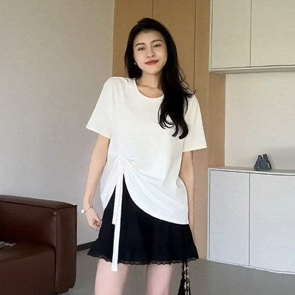 2026夏季新款休闲大码宽松不规则短袖T恤女遮肚减龄显瘦上衣薄款