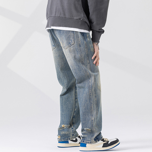 男士 脚破洞牛仔裤 春秋季 宽松大码 子 潮牌美式 直筒水洗做旧裤 街头裤