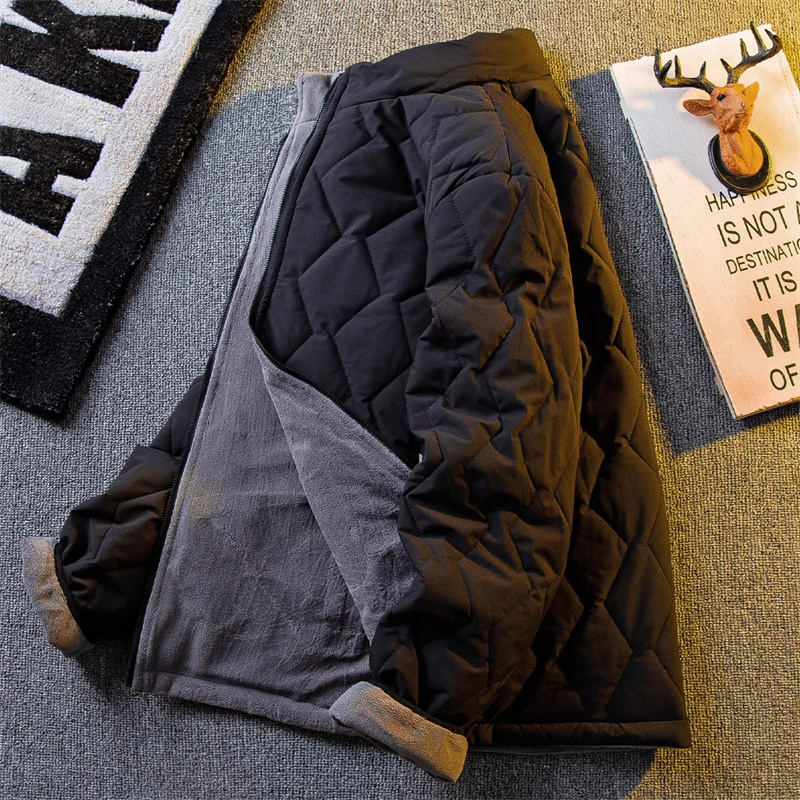 潮牌菱形格立领双面穿羊羔绒棉服男秋冬2025新款加绒加厚外套夹克