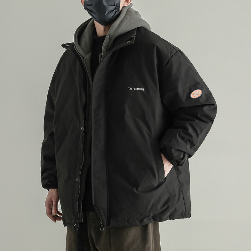 潮牌假两件短款羽绒服男士2025冬季新款加厚情侣连帽宽松外套上衣