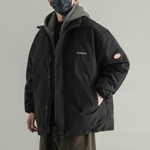 潮牌假两件短款羽绒服男士2025冬季新款加厚情侣连帽宽松外套上衣